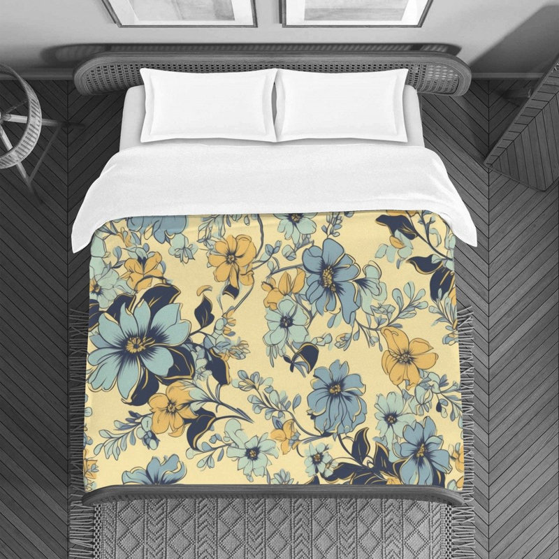 Floral Blue/Yellow Microfiber Duvet Cover, King Duvet Cover