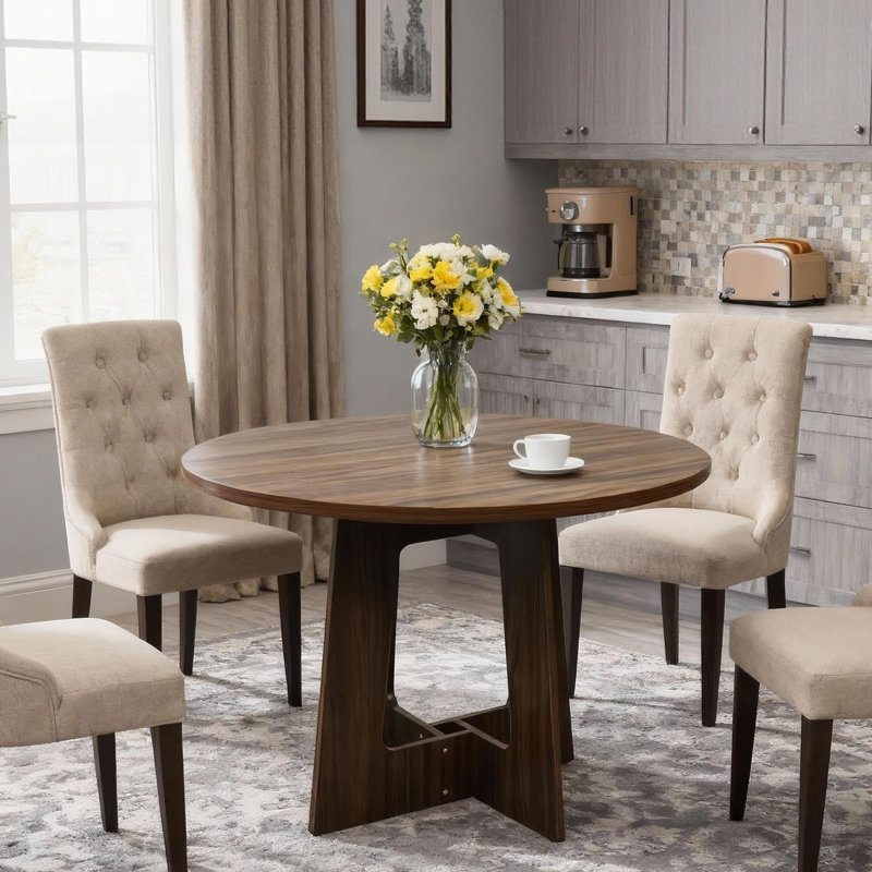 Round Dining Table for 4, Farmhouse Kitchen Table with Sturdy Triangular Pedestal Base for Dining Room, Apartment, or Living Room