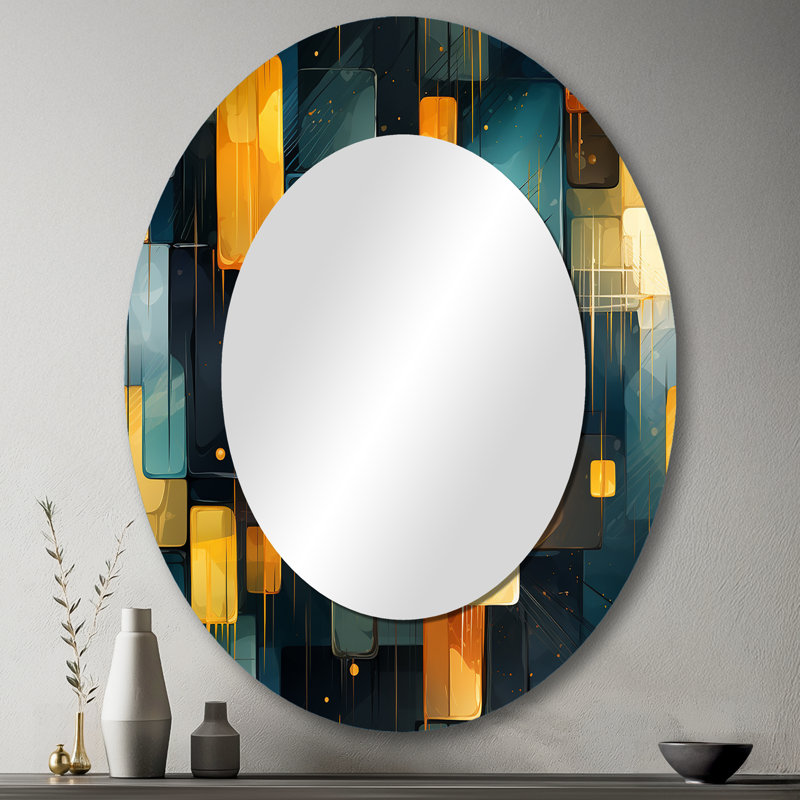 Yellow And Teal Abstract Geometric Fusion - Geometric Oval Decorative Mirror On Metal, 43" H x 33" W