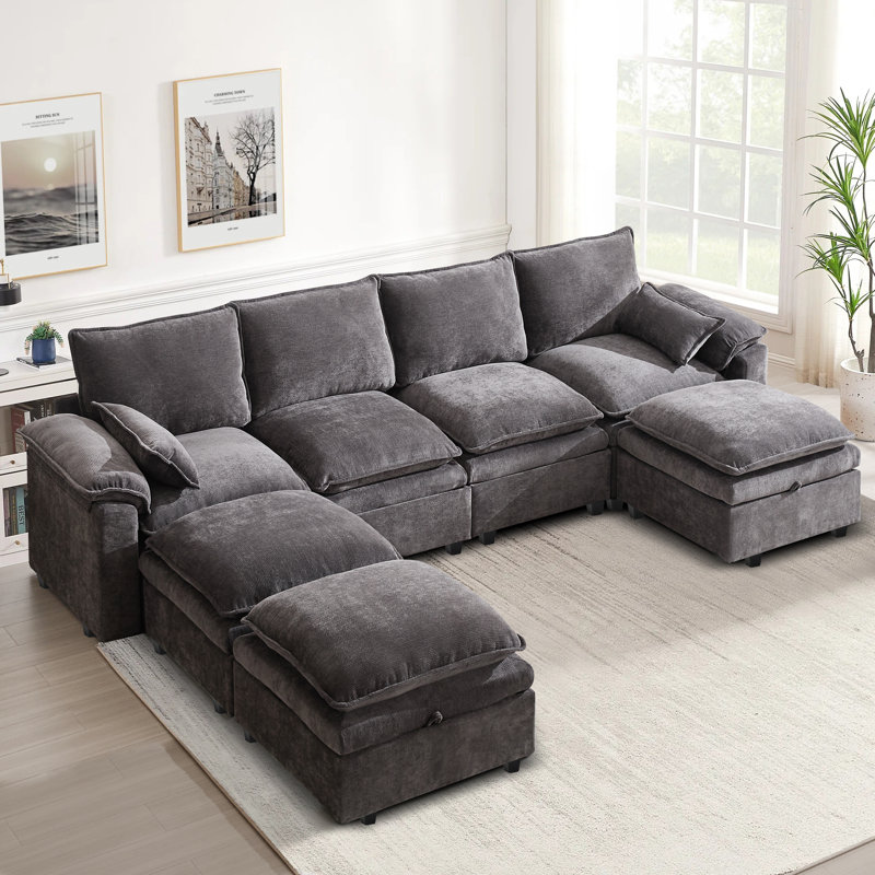 7 Seat Chenille U Shaped Modular Sectional Sofa With Storage, Gray