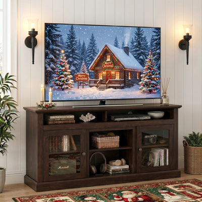Modern 60" Traditional TV Stand with Glass Doors, Media Entertainment Center for TVs up to 65'', Farmhouse Entertainment Console Table with Adjustable Shelves for Living Room