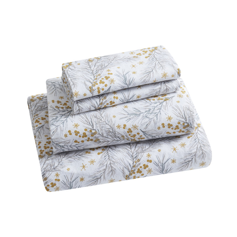 Pine Triple Brushed Cotton Flannel Bed Sheet Set, Gold, Queen Sheet Set with Fitted Sheet and Pillowcases