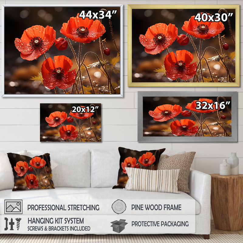 Champ de coquelicots rouges II - impression, H 34 po x l 44 po x P 1,5 po, Encadrement doré