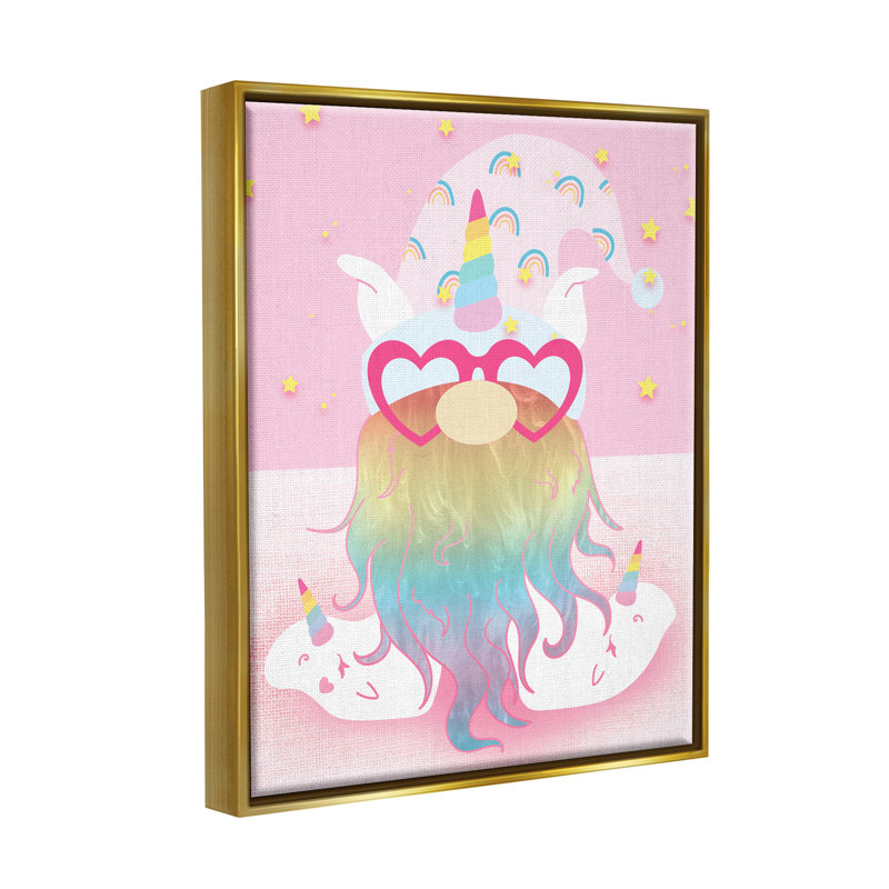 «Fun Unicorn Gnome Pink Rainbow» par Lil 'Rue - impression, H 31 po x l 25 po x P 1,7 po, Toile avec cadre flottant or