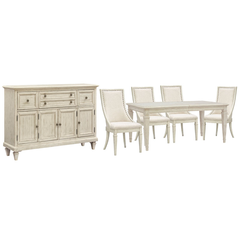 Extendable Rectangular Dining Table With 4 Arm Chairs And Buffet, 6 Pcs: Table, 4 Chairs, Buffet
