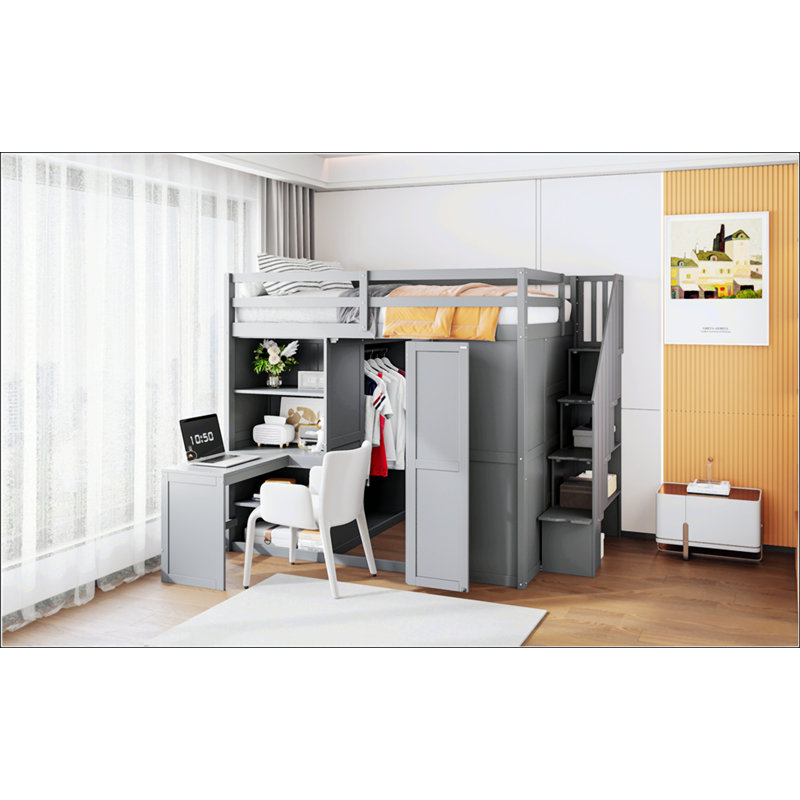Full Size Loft Bed With Wardrobe, Gray
