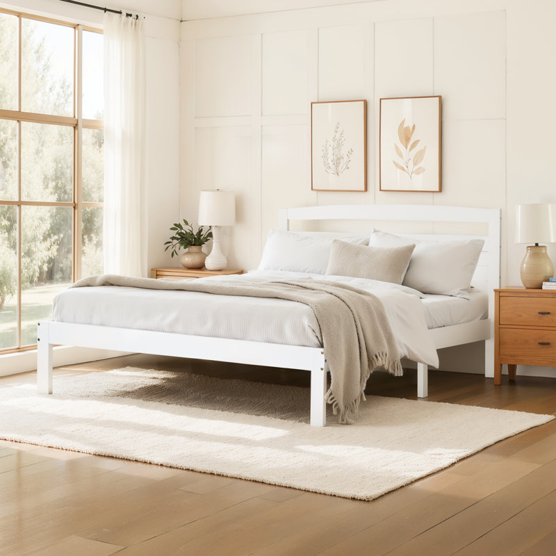 12 Inch Solid Wood Platform Bed Frame with Headboard, No Box Spring Needed and Easy Assembly, White, King
