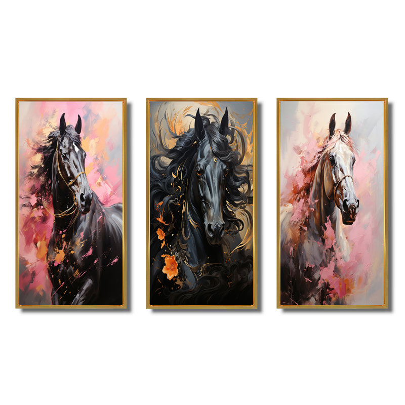 «Pink Black Horse Vibrant Pink Equine», 3 pièces sur toile, Encadrement doré, H 28 po x l 36 po