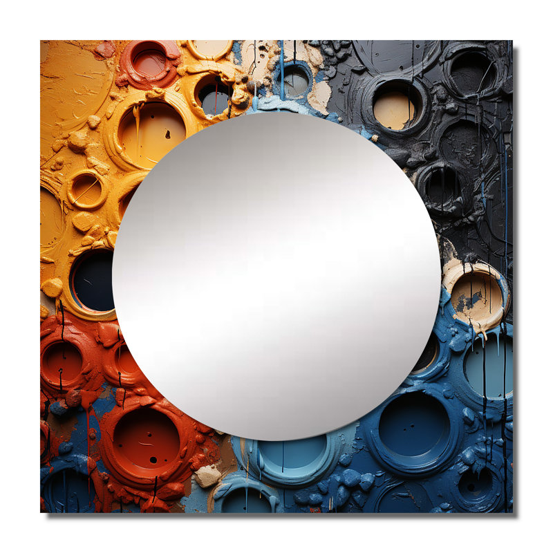 Duwaine - Orange and Blue Fluid Movements Abstract Shapes Square Living Room Wall Mirror Art, 23" x 23"