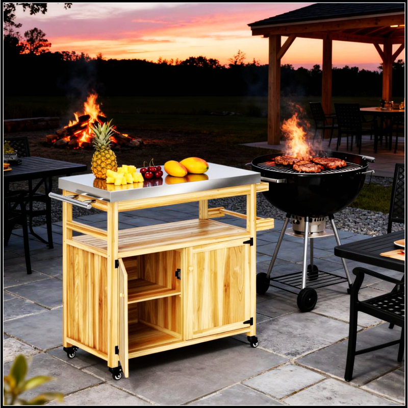 Îlot de cuisine extérieur en bois massif avec plateau en acier inoxydable, roulettes et armoires de rangement pour des grillades durables et pratiques