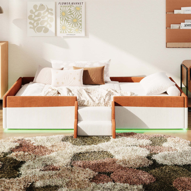 Lit tapissier avec clôture, 2 marches et lumières DEL intelligentes, solution de sommeil moderne et sécuritaire (sans matelas)