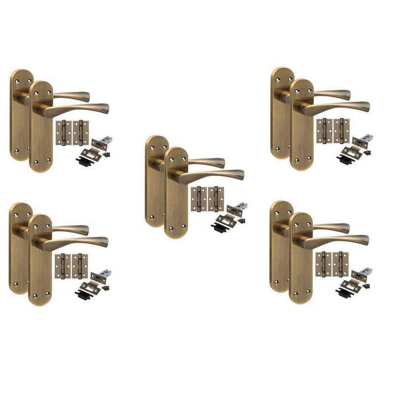 Golden Grace 5 Pairs Victorian Astrid Design Long Rounded Backplate Scroll Internal Door Handle Antique Brass with 2.5" Latch & Hinges - 182mm x 45mm