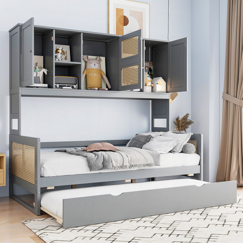 Lit de jour simple en bois avec lit gigogne simple, armoire et tablette tout-en-un, gris, Lit simple, Gris