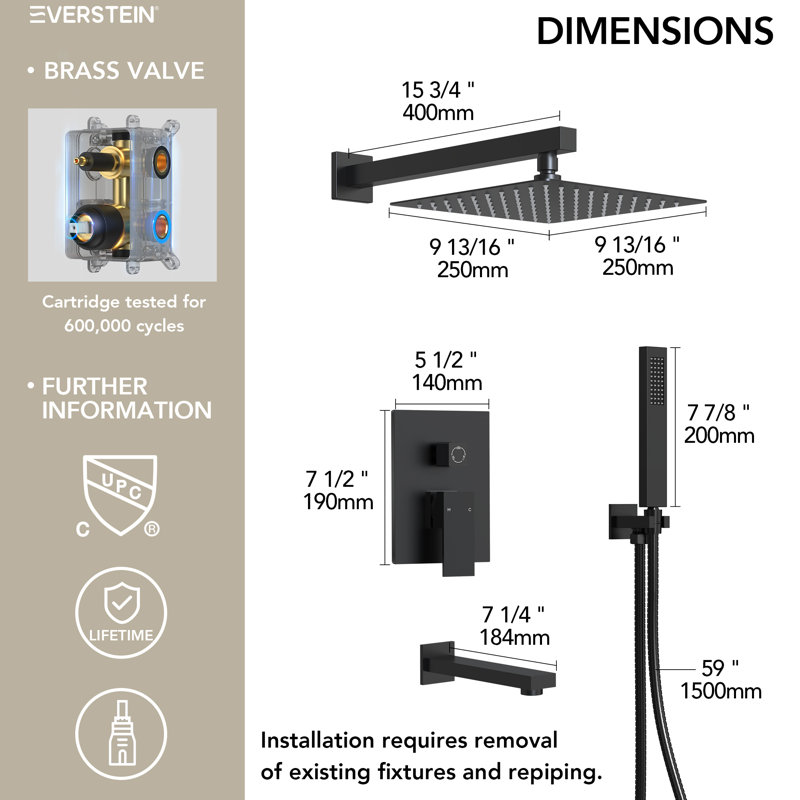 Wall Mount 10" High-Pressure Rainfall Shower System, Tub Shower Faucet Set with Rough-in Valve, Matte Black