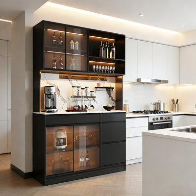 Buffet 47,24 po en bois massif noir moderne avec éclairage à DEL, portes en verre et rangement double