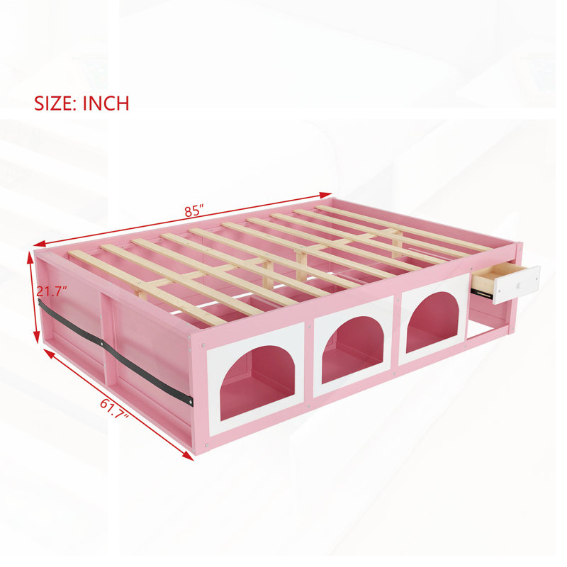 Queen Size Wooden Platform Bed With Bookshelf, Display Cabinet, LED Light, And Drawer For Modern Bedrooms, Queen, Pink/White