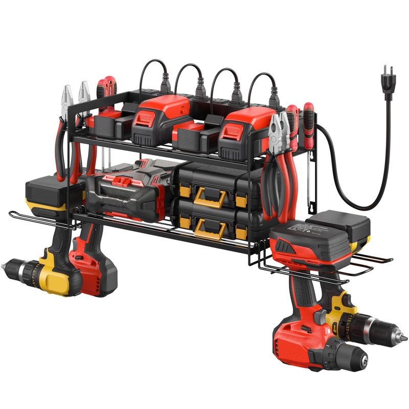 Garage Outils de rangement avec station de charge. Tablette utilitaire pour outils électriques avec multiprise. Support mural pour 4 perceuses, noir.