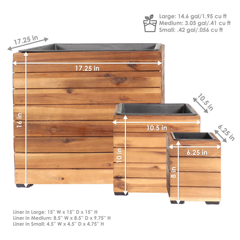 Breigha 3pc Assorted Square Acacia Wood Planter Box with Liner, Brown