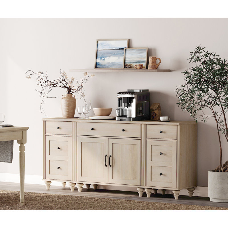 Sideboard Buffet Cabinets With 4 Wood Doors And 3 Drawers, Farmhouse Sideboard Credenza With Charging Station For Dining Room, Modern Large Storage Cabinet For Living Room, Beige, 102 Inch
