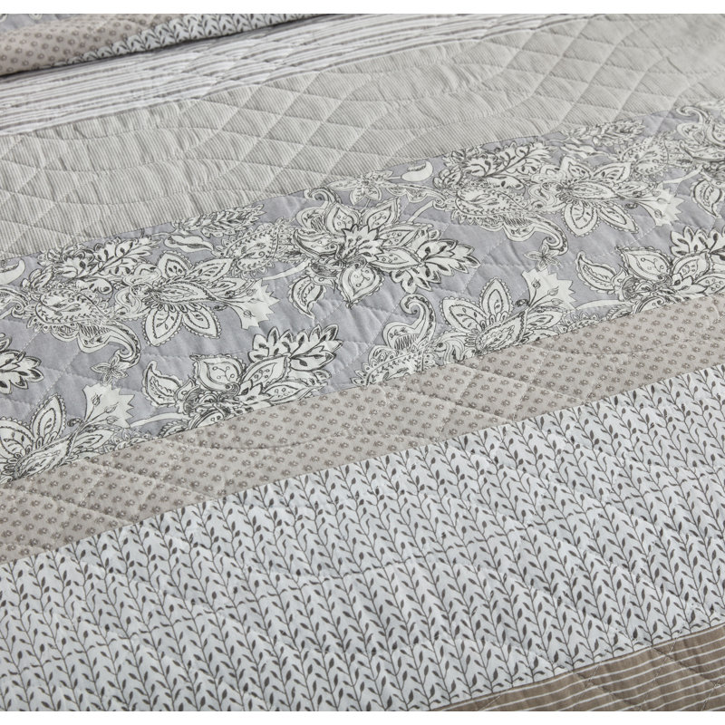 Twin Gray Cotton Reversible Patchwork Floral Quilt Set