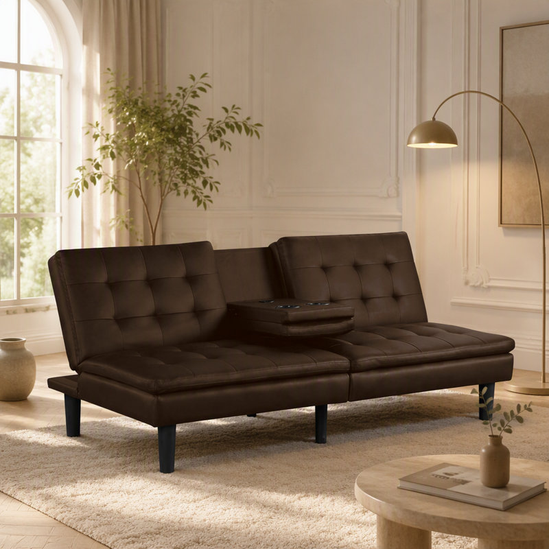 Canapé-lit futon contemporain avec capitonnage biscuit, table rabattable, porte-gobelets et chargeurs USB pour une assise et un sommeil flexibles