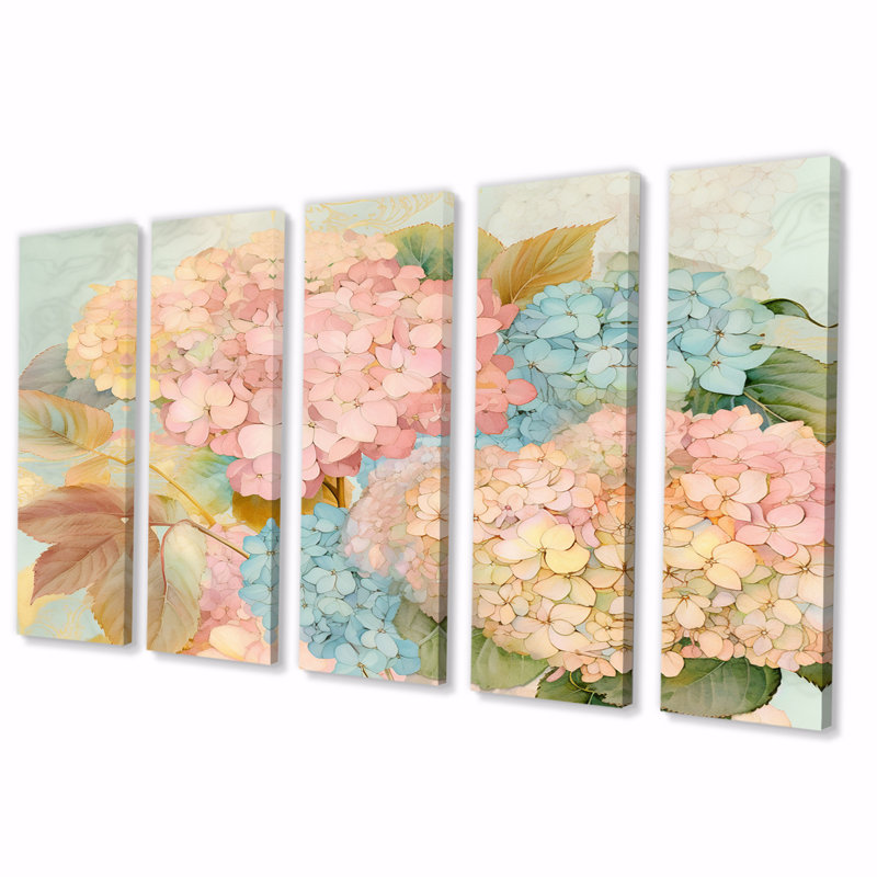 Rétro bouquet d'hortensias rétro pastel - impression sur toile hydrangées - 5 panneaux égaux