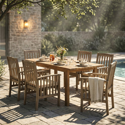 Ensemble de salle à manger d'extérieur en bois d'acacia 7 pièces 7 pièces, 6 grandes chaises et 1 grande table