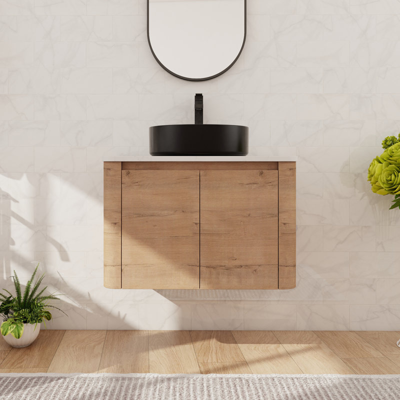 30'' Single Floating Bathroom Vanity With Ceramic Art Sink, Wall Mounted Bathroom Vanity With 2 Soft Close Doors, Black