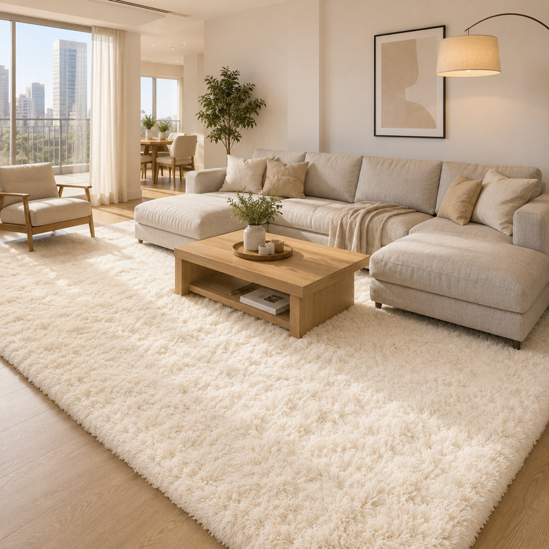 Ebern Designs Soft Fluffy Cream White Shag Area Rug for Living Room Bedroom Nursery Kids Room, Rectangle 8' x 10'