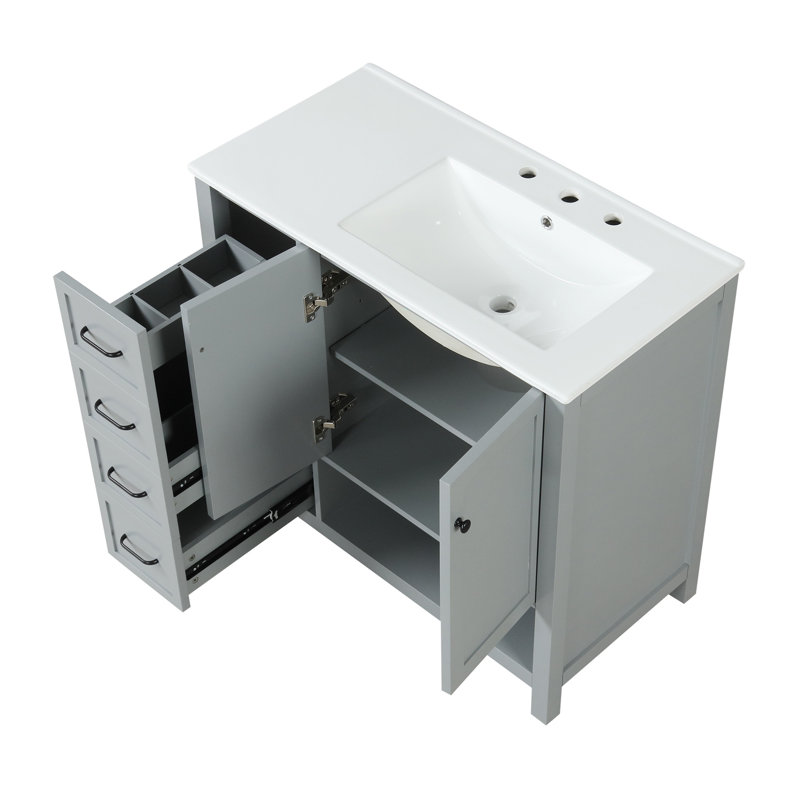 36" Bathroom Vanity With Sink Top, Bathroom Vanity Cabinet With Two Doors And Two Drawers, Solid Wood, Open Shelf, MDF Boards, One Package, Grey