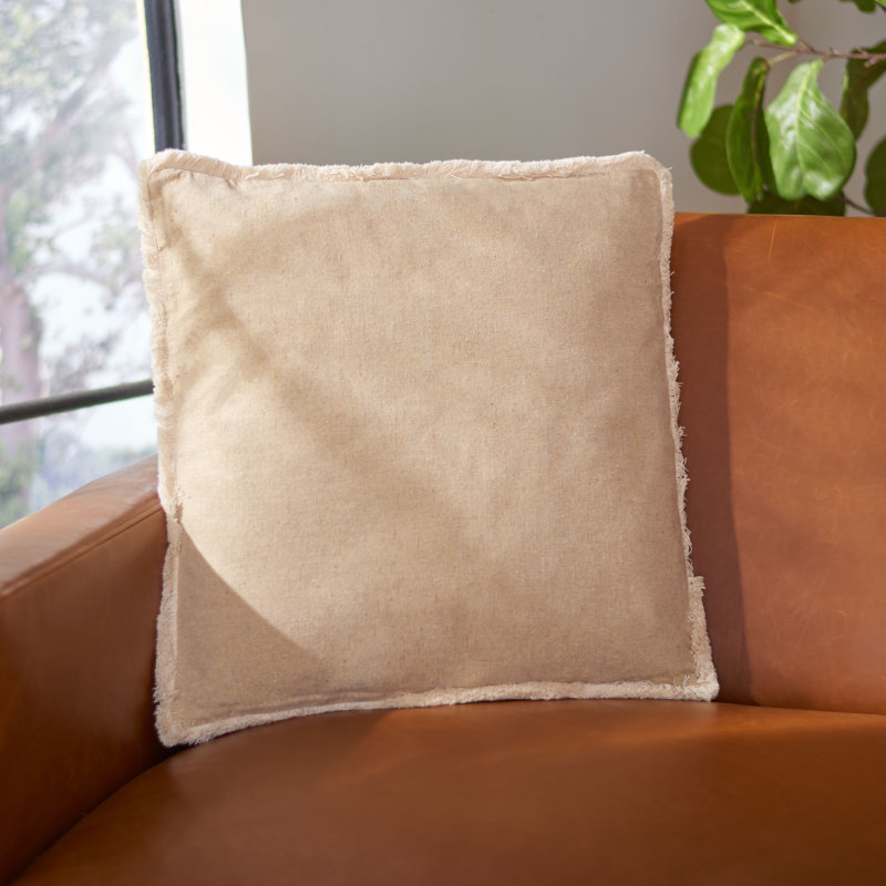 Beige and White Cotton Blend Square Throw Pillow with Fringe