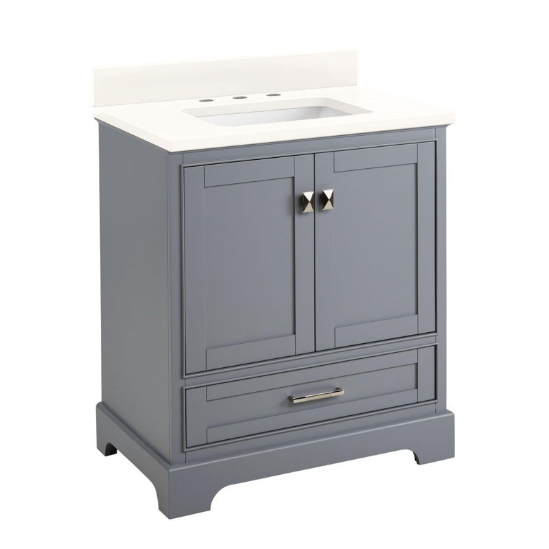 Quen 30" Freestanding Single Basin Vanity Set with Cabinet, Vanity Top, Gray, 8" Centers, Arctic White Quartz