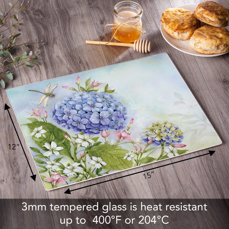 Dragonfly Hydrangea Tempered Glass Cutting Board 15" x 12"