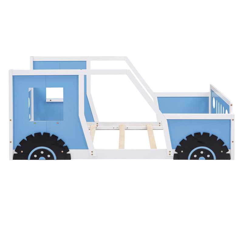 Lit plateforme classique avec roulettes en forme de voiture, Bleu, Simple