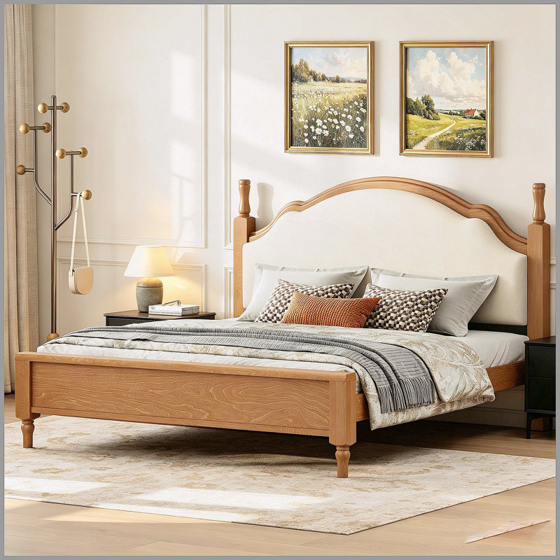 Grand lit plateforme en bois avec tête de lit tapissier, structure brune et tissu beige, Grand lit, Brun
