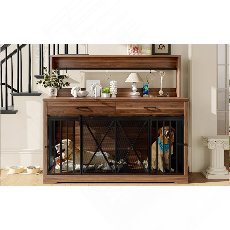 Meuble pour chien de 55,1 po pour chiens de grande taille ou de taille moyenne, table cage robuste avec 2 tiroirs et tablettes de rangement, meuble télé, table de bout pour 2 chiens avec verrous séparateurs, brun