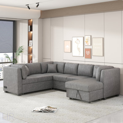 108.6 Inch U-Shaped Sectional Sofa Bed With Storage, USB Ports, Power Sockets, And Back Pillows For Living Room