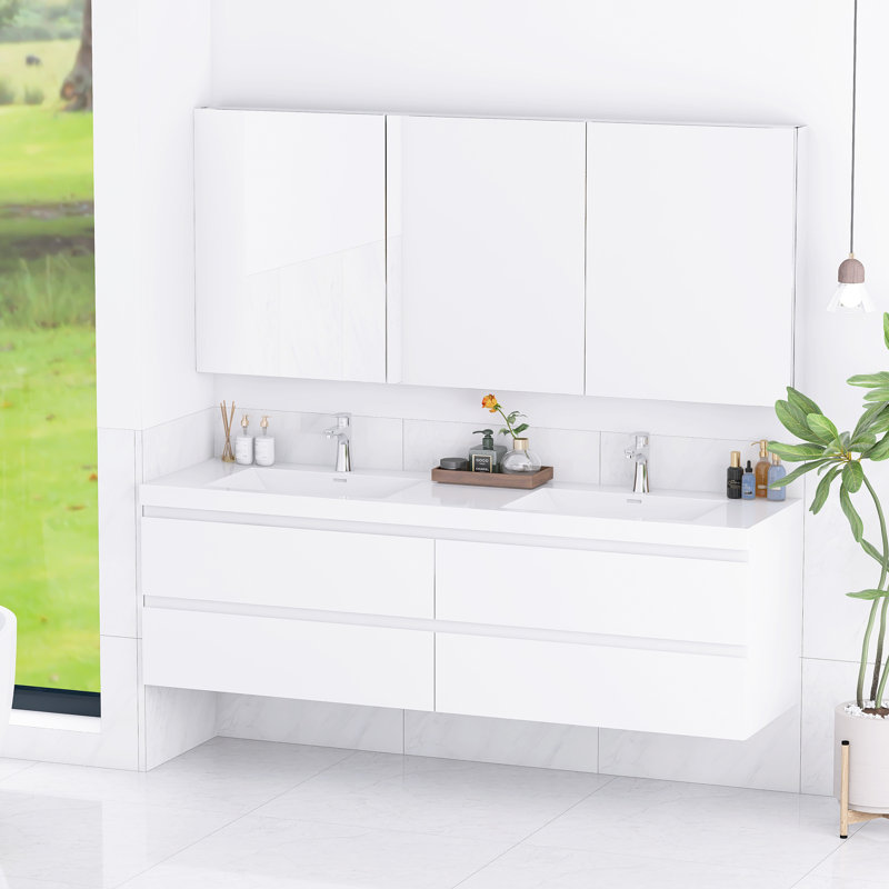 Meuble-lavabo mural moderne 72 po avec double évier intégré à surface solide et 4 tiroirs, Glossy White