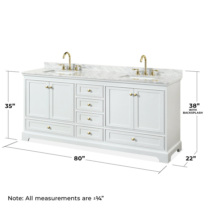 Deborah 80'' Double Bathroom Vanity with Marble Top, White, Brushed Gold