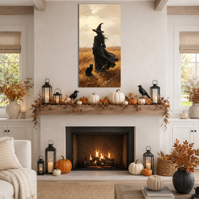 Grande sorcière, art mural d'Halloween mystérieux, décoration murale pour salon, chambre à coucher Moody Autumn Field, galerie d'art sur toile tendue, prêt à être accroché