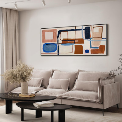 Très grand art mural imprimé sur tissu - Formes abstraites géométriques bleues, beiges et brunes pour le salon ou la chambre à coucher - «Assemblage requis du cadre (cadre non fini)»