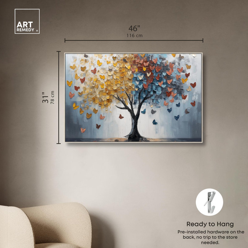 Butterfly Dream Tree I Canvas Colorful Tree Art by Art Remedy, Silver Floater Framed, 31" H x 46" W x 2" D