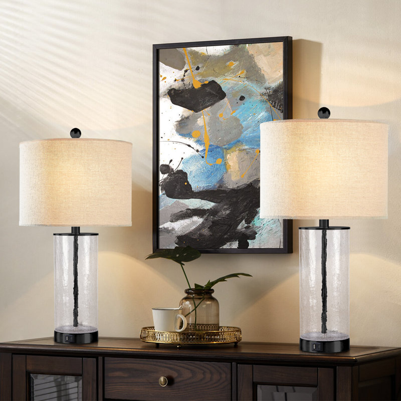 Ensemble de lampes de table en métal et verre 23,25 "Quinita Modern Glam MCM (avec USB) - Funky Modern, Noir