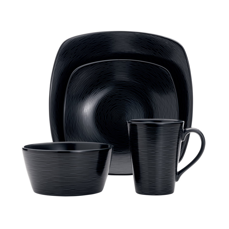 Noritake Colorscapes Swirl 4-Piece Square Place Setting, Service for 1, Black