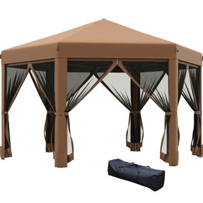 13' X 11' Hexagonal Gazebo Canopy, Heavy Duty Outdoor. 6 Mesh Sidewalls, Adjustable Height, Strong Steel Frame, Brown. Excellent For Outdoor Archery Tournaments Gazebo, Canopy. Sidewall Netting, Dark