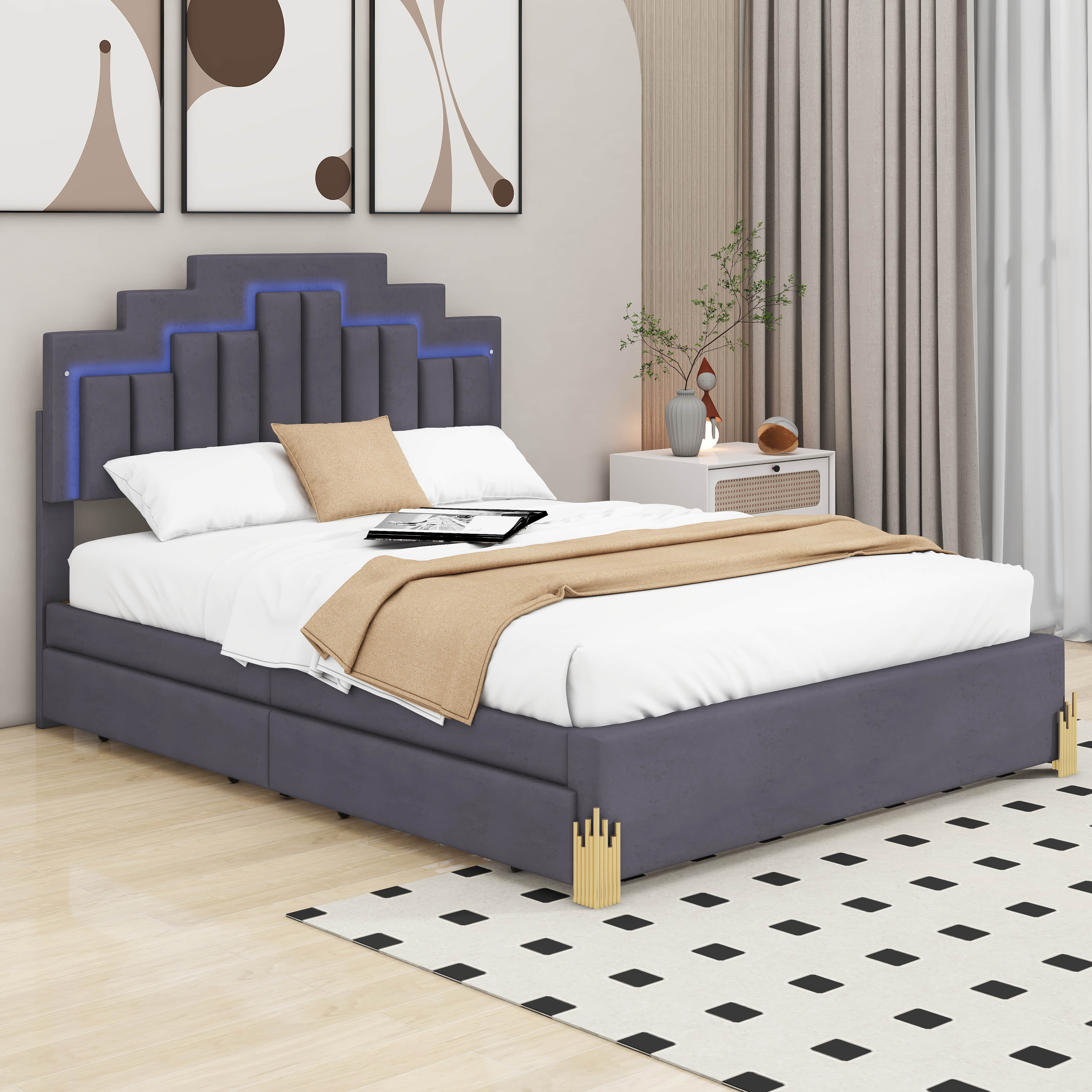 Upholstered Platform Bed with LED Lights and 4 Drawers, Stylish Irregular  Metal Bed Legs Design