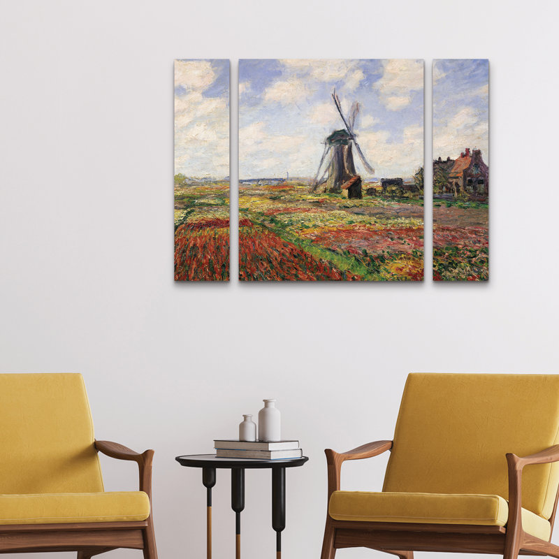 Ensemble de 3 panneaux - Claude Monet «Tulip Fields in Holland, 1886», art mural sur toile pour le salon, la chambre à coucher ou le bureau 