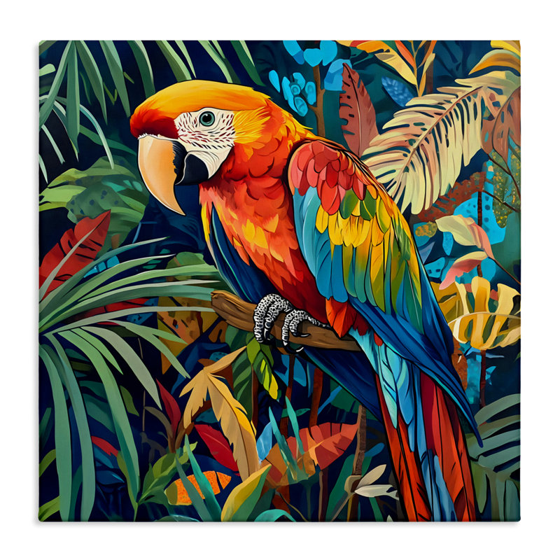Perroquet de la jungle sur toile de feuilles, design par LSR Design Studio, H 17 po x l 17 po