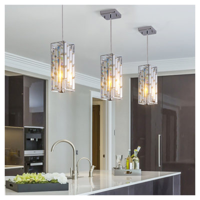 4" Modern Crystal Pendant Light Set of 3 - Adjustable Hanging Ceiling Lamp with Chrome Finish for Kitchen Island, Dining Room & Living Room Lighting