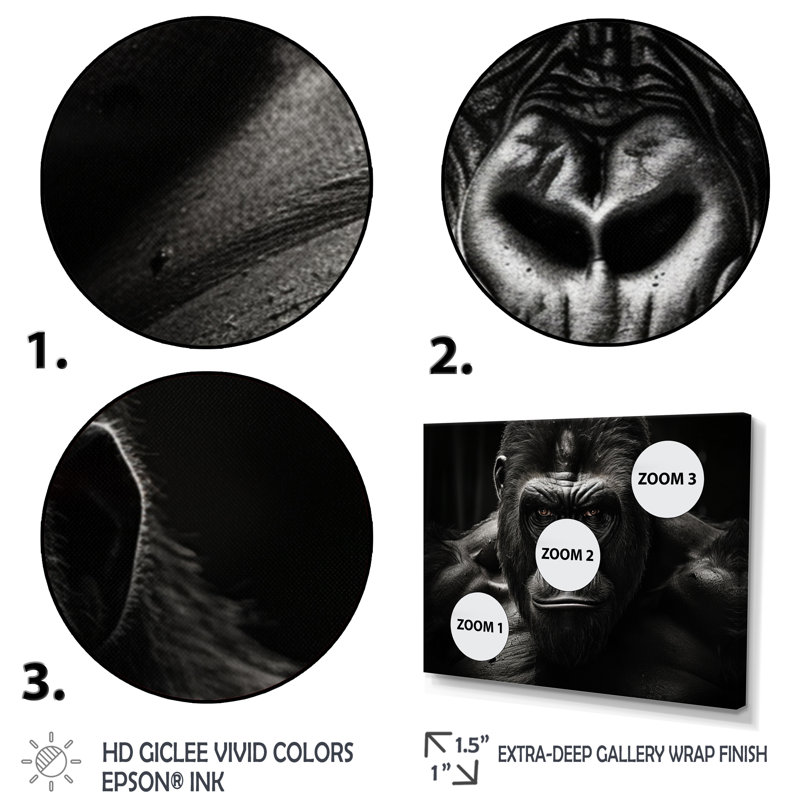 Art mural noir et blanc Gorilla Majestic II - Gorilla, Toile tendue, H 30 po x l 40 po x P 1,5 po